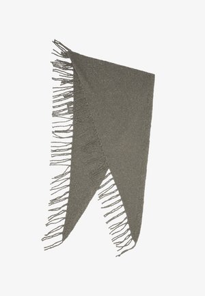 Grijze driehoekige sjaal van textiel met een textuur en franjes aan de randen, met een zachte feel en een asymmetrisch ontwerp.
