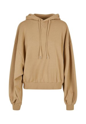 Sudadera beige de gran tamaño con capucha ajustable, mangas anchas y dobladillo acanalado. Tejido suave con una textura lisa y detalles mínimos.