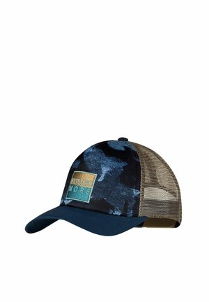 Blue and black camo baseball cap with beige mesh back and front patch reading "EXPLORE MORE" in yellow and white letters.