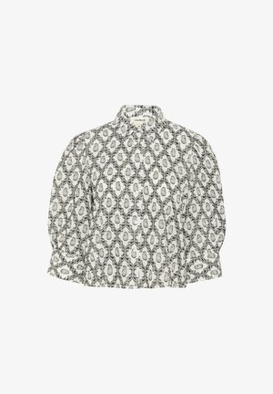 Biela blúzka s čiernym kvetinovým vzorom, balónové rukávy a golierom. Tkanina vyzerá ľahká s jemnou textúrou. Zapínanie na gombíky vpredu.