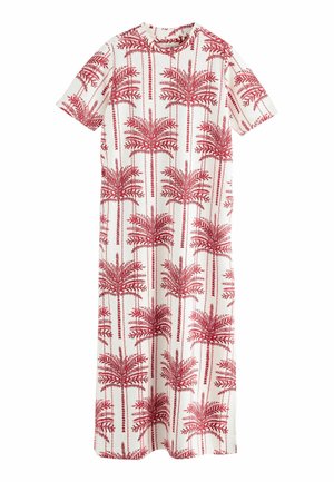 Kurzärmliges Kleid aus weißem Stoff mit aufdrucktem roten Palmenmuster. Rundhalsausschnitt; gerader, knöchellanger Schnitt.
