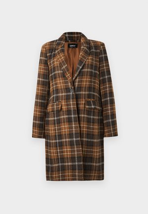 Manteau long à carreaux marron et noir avec revers en pointe, fermeture à un bouton noir, poches à rabat et doublure complète.