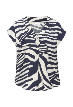 Marineblaue und weiße Bluse mit Zebramuster, kurzen Ärmeln, V-Ausschnitt und zwei dekorativen runden Knöpfen vorne.