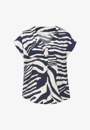 Marineblaue und weiße Bluse mit Zebramuster, kurzen Ärmeln, V-Ausschnitt und zwei dekorativen runden Knöpfen vorne.