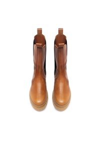 Tan leather ankle boots with black elastic side panels, rounded toes, and pull tabs. The soles are textured for grip.