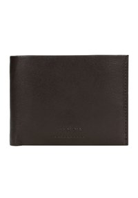 Portafoglio in pelle marrone con una texture liscia, design pieghevole a due scomparti e logo inciso discreto. Caratterizzato da un bordo cucito e uno stile minimalista.