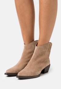 Botas de tobillo de ante en beige claro, con punta afilada y un tacón bajo en bloque. Diseño sencillo con textura suave y un pequeño corte en los tobillos.