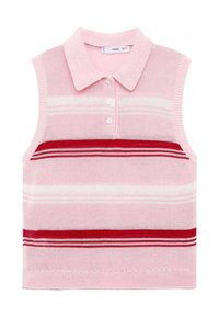 Ružový bezrukávový polo top s golierikom, zdobený vodorovnými pruhmi v bielej a tmavočervenej farbe. Vyrobený z textúrovanej pleteniny.