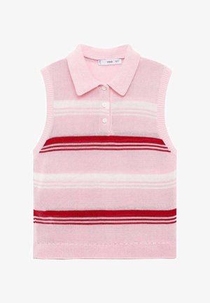 Pink sleeveless polo top with a collared neck, featuring horizontal stripes in white and dark red. Made from a textured knit material.