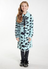 Chlpatý, dlhý kabát s svetlomodrým pozadím, čiernymi leopardími škvrnami a čiernym prúžkovaným vzorom. Obsahuje golier a otvorený predný dizajn.