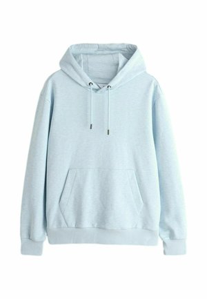 Hellblauer Kapuzenpullover aus weichem Stoff, mit einer vorderen Kängurutasche, verstellbaren Kordeln und gerippten Bündchen sowie Saum.