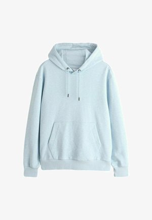 Hellblauer Kapuzenpullover aus weichem Stoff, mit einer vorderen Kängurutasche, verstellbaren Kordeln und gerippten Bündchen sowie Saum.