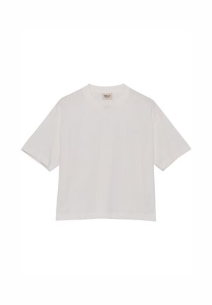 Weißes T-Shirt mit kurzen Ärmeln und Rundhalsausschnitt, mit HALO-Logo auf der Brust und Etikett innen am Kragen, dargestellt auf weißem Hintergrund.