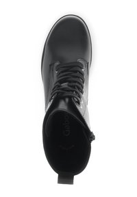 Bottines noires en cuir lisse, avec un bout rond, un laçage à l'avant et une fermeture éclair sur le côté pour un enfilage facile. Branding subtil à l'intérieur.