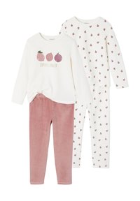 Two sets of children's pajamas: one features a cream top with fruit graphics and pink leggings; the other has a cream top and patterned bottoms.