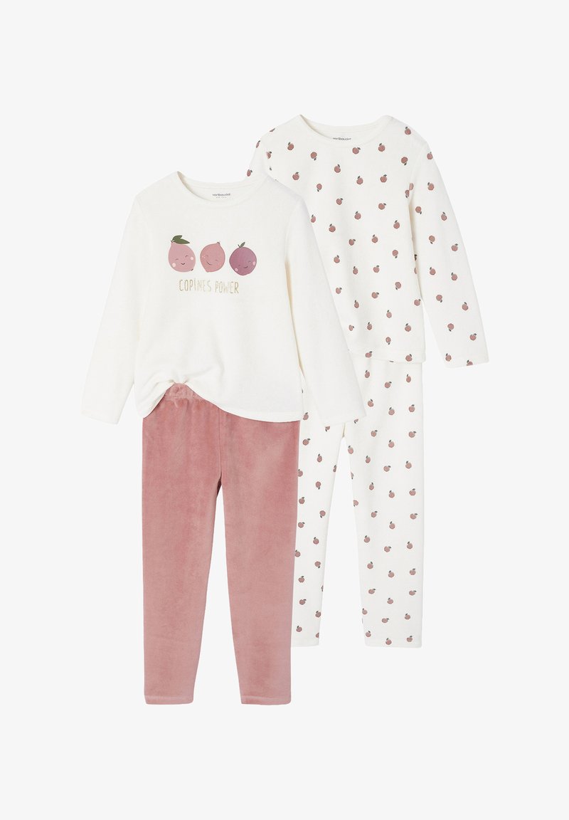 Two sets of children's pajamas: one features a cream top with fruit graphics and pink leggings; the other has a cream top and patterned bottoms.