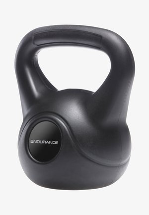 Zwarte kettlebell met een vormgeving die contouren volgt, stevige handgreep en een glanzend embleem met het label "ENDURANCE." Glad, duurzaam materiaal.