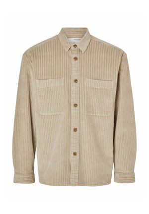 Beige corduroy shirt with long sleeves, front button closure, and two chest pockets. Subtle vertical stripes and textured fabric.