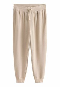 Pantaloni de jogging din fleece bej, cu talie elastică, șnur, buzunare laterale și manșete structurate. Textură moale și croială relaxată.
