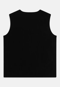 Top sans manches noir en coton avec une texture lisse. Présente un design simple, un col rond et une coupe droite à l'ourlet.