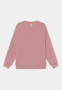 Dammig rosa långärmad Adidas-tröja med ribbade ärmslut och nederkant, med en liten vit Adidas-logga nära bakre halsringningen.