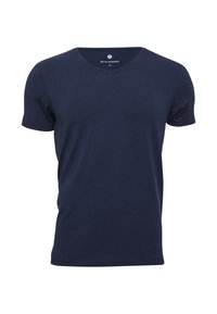 Navy blue short-sleeve t-shirt with a V-neck design, made from soft, lightweight cotton fabric. Smooth texture, no visible patterns or accents.