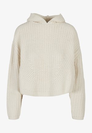 Vaaleankermainen neulottu huppari, jossa on rento istuvuus, ribatut helmat ja ylisuuret hihat. Ominaisuuksiin kuuluu leveä kaula-aukko ja hienovarainen tekstuuri kauttaaltaan.