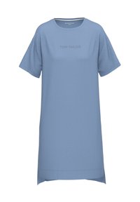 Himmelblå t-shirtklänning i mjukt tyg, med korta ärmar, rund halsringning och en diskret logotyp i mitten.