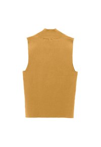 Mosterdgele mouwloze top met een hoge kraag. Gemaakt van zachte stof, met een gladde textuur en schone lijnen.