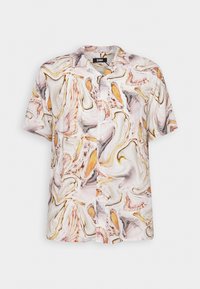 Camicia a maniche corte in tessuto leggero con un motivo astratto vorticoso nei toni del beige, arancione e grigio, dotata di un'apertura frontale con bottoni.