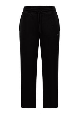 Schwarze Jogginghose aus weichem Stoff mit Kordelzugbund, zwei Seitentaschen und entspanntem Schnitt.