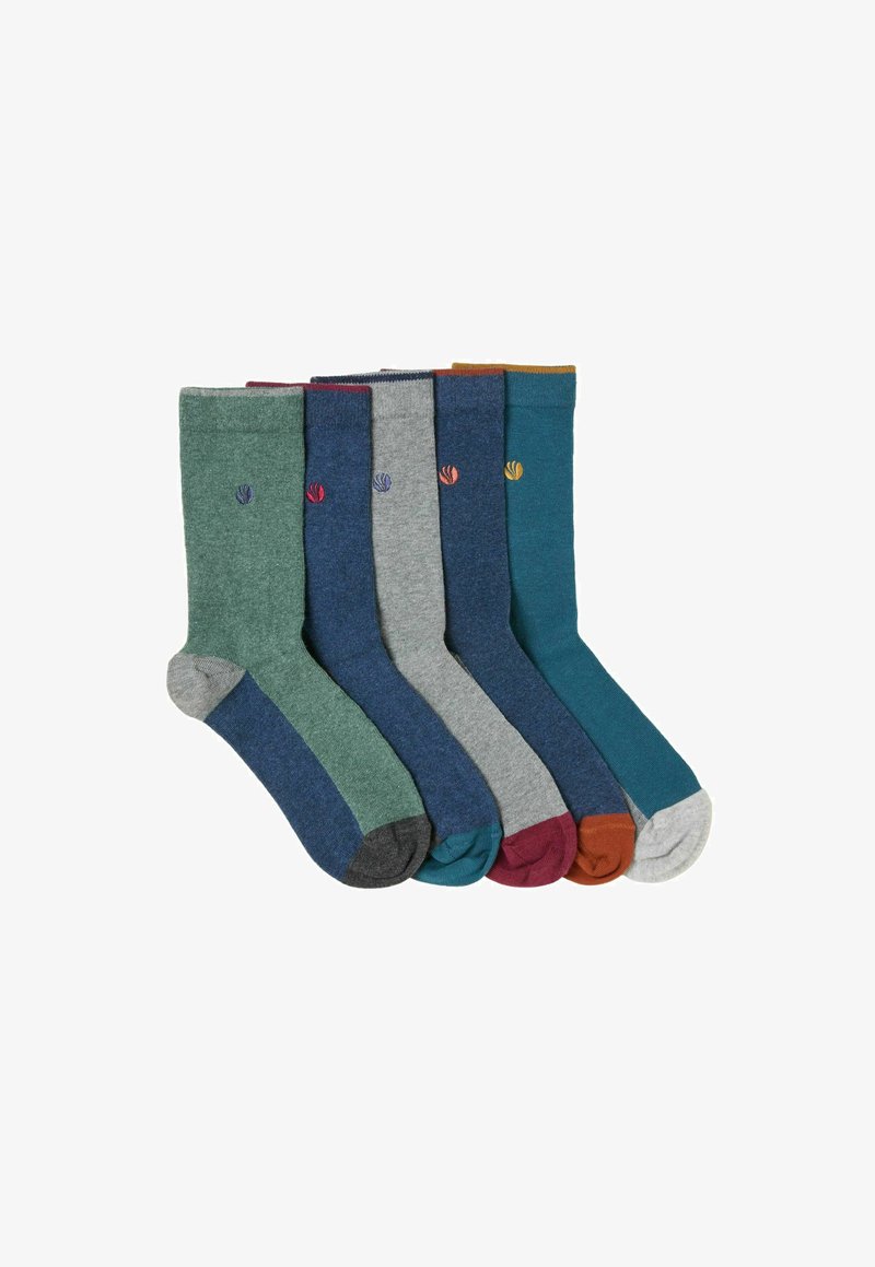 Cinq paires de chaussettes de couleurs différentes : bleu sarcelle, vert, gris, bleu et bordeaux. Chacune a un bout contrastant et présente un petit logo.