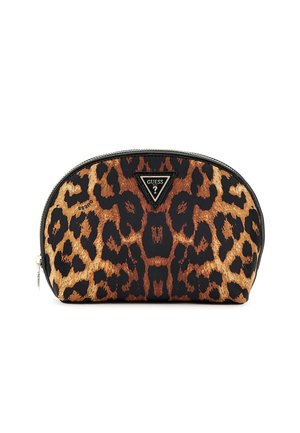 Leopardprint cosmetica tas in synthetisch materiaal, ronde vorm, zwarte rits en driehoekig zwart accentlogo aan de voorkant.