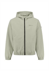 Lichtgroene windbreaker jas met een ritssluiting aan de voorkant, capuchon, elastische manchetten en elastische zoom. Heeft een subtiele logo op de borst en een gladde textuur.
