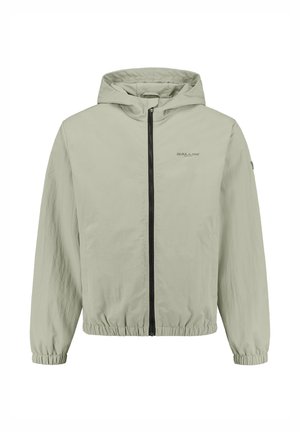 Light green windbreaker jacket with a zip front, hood, elastic cuffs, and elastic hem. Features a subtle logo on the chest and smooth texture.