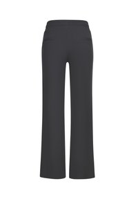 Wide-leg trousers in dark gray fabric with an elastic waistband, two back pockets, smooth texture, and a loose fit for comfort.