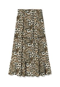 Gonna midi a stampa leopardata con orlo svasato, caratterizzata da tonalità di beige, marrone e nero. Realizzata in tessuto leggero e texture.