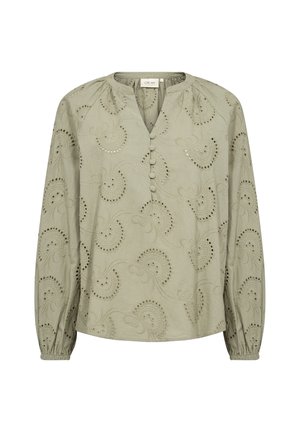 Light green blouse with a round neck, long sleeves, and embroidered paisley pattern. Features button placket and gathered cuffs.