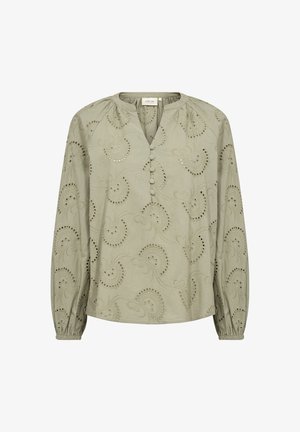 Svijetlozelena bluzica s okruglim izrezom, dugim rukavima i vezenim uzorkom paisley. Ima dugmad na prednjem dijelu i naborane manžete.