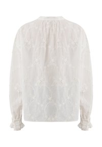 Witte geborduurde blouse met bloemmotieven, lange mouwen met elastische manchetten en een geraffineerde halslijn. Lichtgewicht, gestructureerde stof.