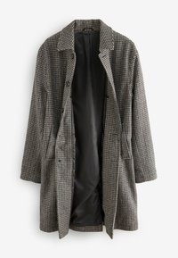 Palton cu model houndstooth în gri și negru. Prezintă un design cu o singură răsplată, guler, buzunare și o căptușeală interioară netedă de culoare neagră.