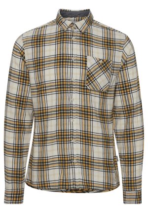 Plaid shirt in cream, yellow, and black. Button-down collar, full sleeves, and single chest pocket. Soft fabric with a textured finish.