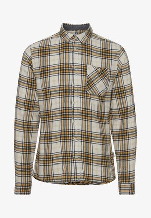 Plaid shirt in cream, yellow, and black. Button-down collar, full sleeves, and single chest pocket. Soft fabric with a textured finish.