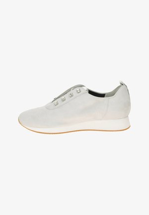 Light gray slip-on sneaker with white sole, silver square studs replacing laces, and a small pull tab at heel on a white background.