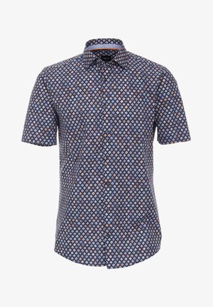 Lyhythihainen, napillinen paita, joka on valmistettu tummasta kankaasta ja jossa on sinisen, oranssin ja valkoisen geometrinen kuvio sekä kontrastivärinen kauluksen reunus.