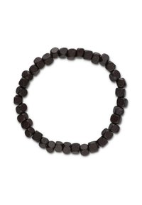 Zwart houten armband met afgeronde, onregelmatig gevormde kralen, geregen in een continue lus om te dragen. Glad oppervlak met een matte afwerking.