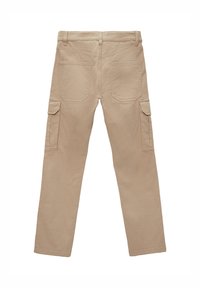 Beige cargo pants made of cotton with straight legs, belt loops, and multiple pockets, including two side pockets and rear patch pockets.