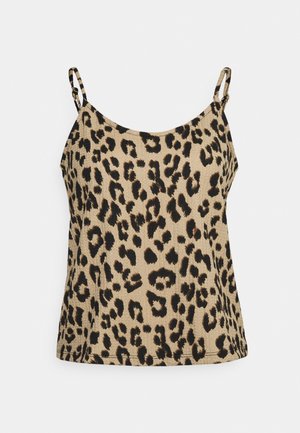 Camisole med leopardmönster och tunna band, med en beige bas och svarta och bruna fläckar, tillverkad av strukturerad tyg.
