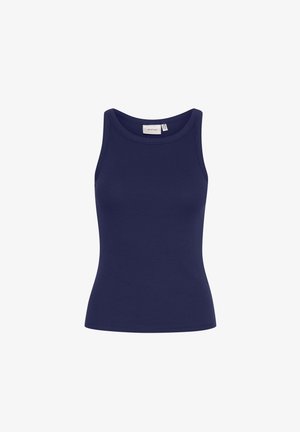 Marineblaues, geripptes Tanktop mit Rundhalsausschnitt und slim fit. Das Material ist weich, ohne sichtbare Hardware oder Muster.