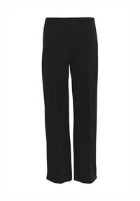 Schwarze Hose aus glattem Stoff, mit geradem Bein und ohne sichtbare Verschlüsse oder Verzierungen. Schlichte und zeitlose Silhouette.